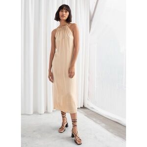 & Other Stories Gathered Halter Dress Midi Open Back Gold Viscose Satin